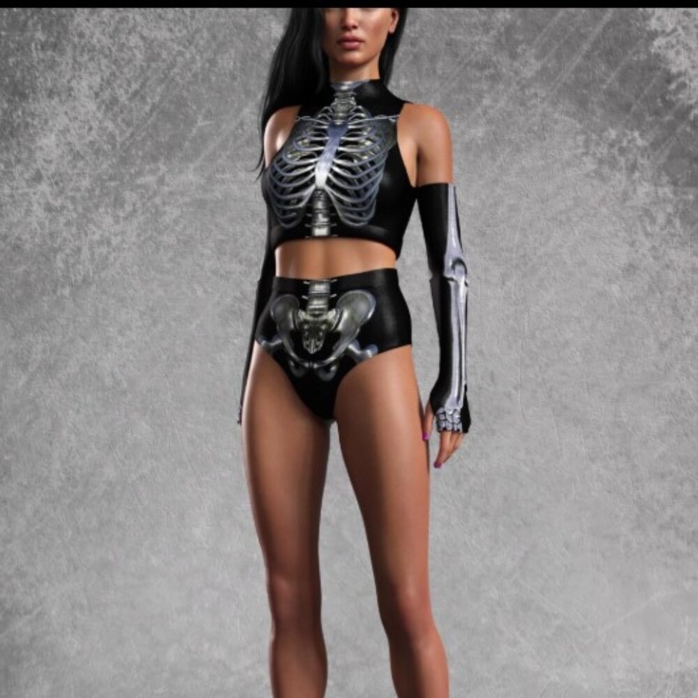 SEXY Silver Candy Catz DIMENSIONAL Vibrant Skeleton Crop Top HALLOWEEN BRAND NEW